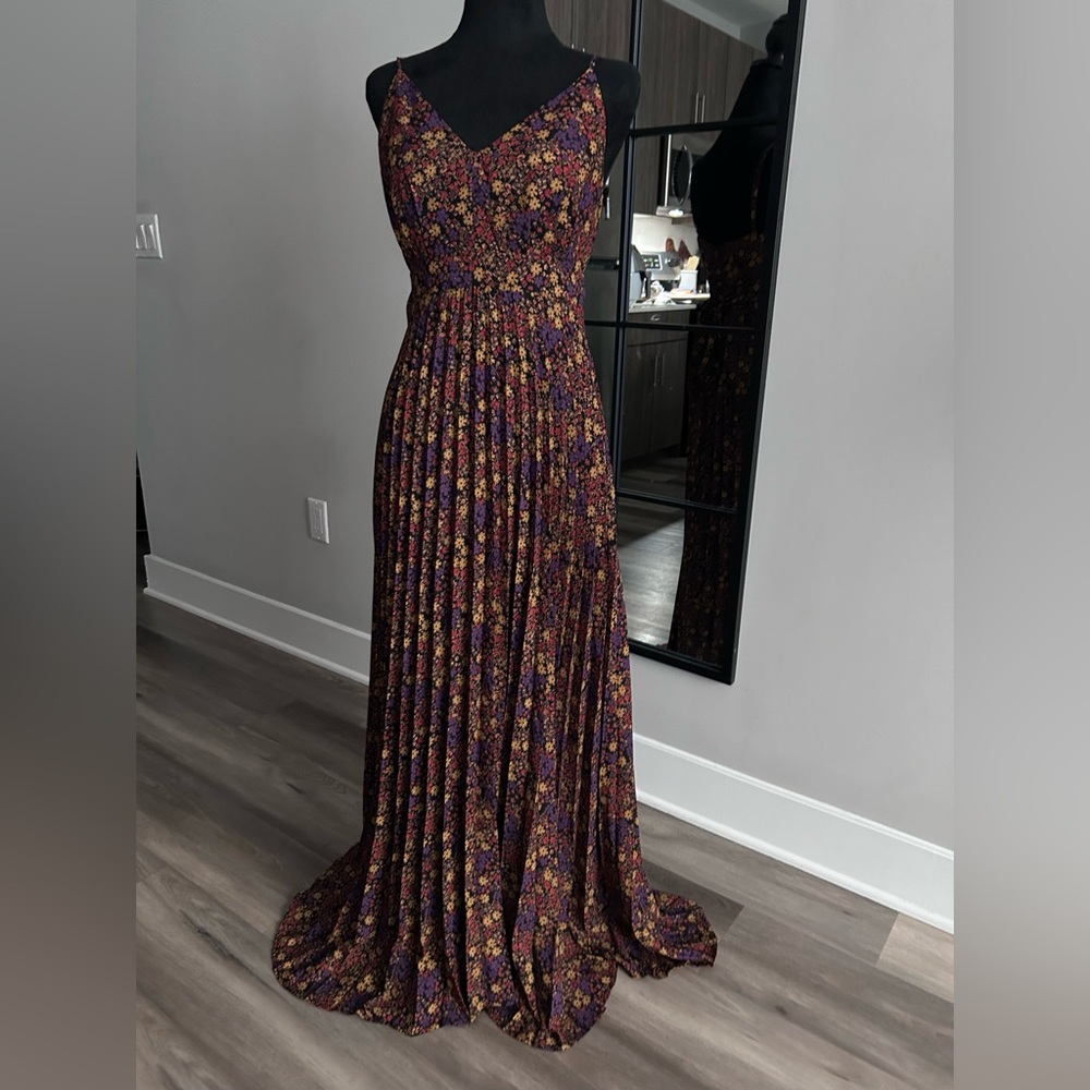 Floral V-Neck Maxi Dress in Black with Purple & Gold Accents